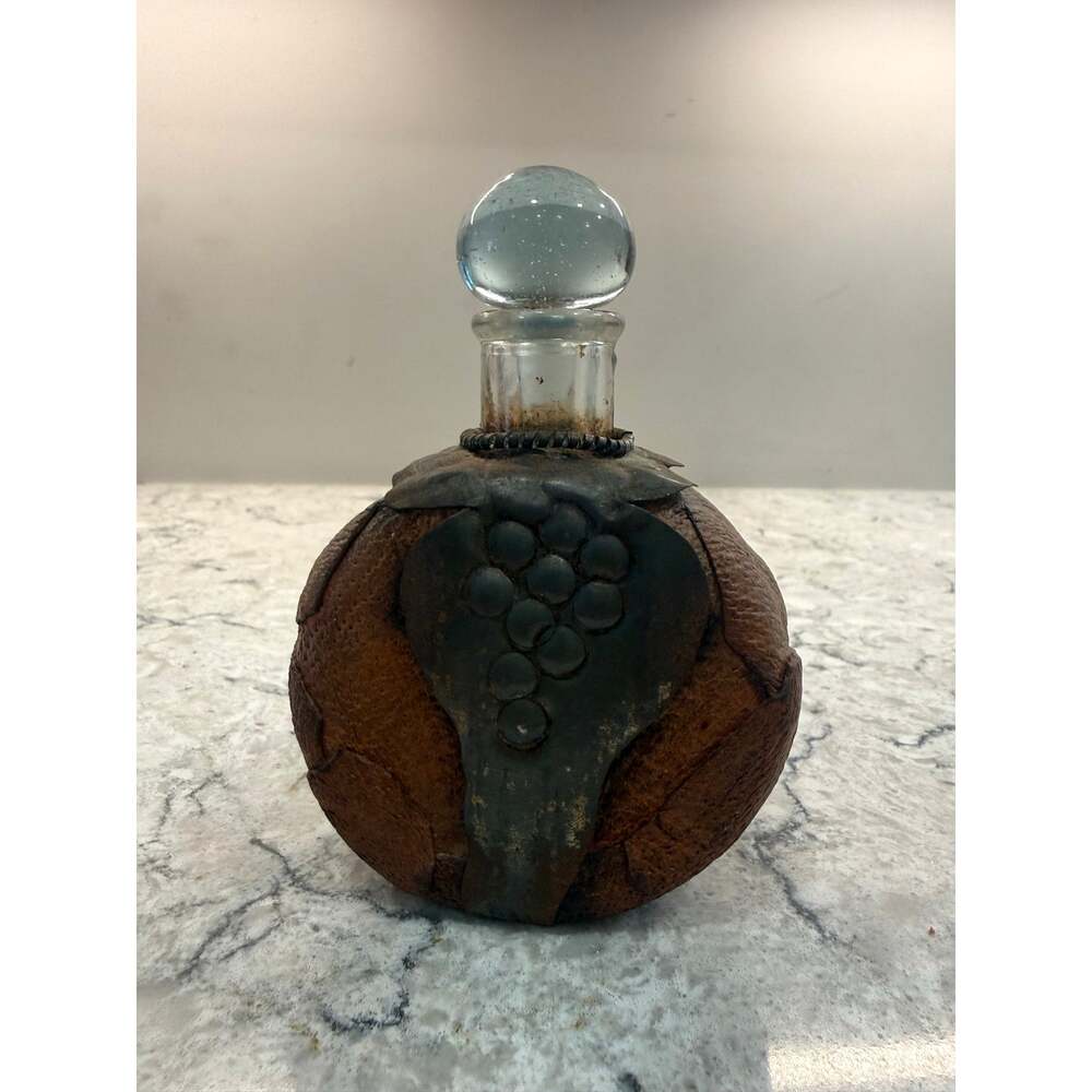 Vintage Leather-wrapped Mini Decanter Hand-tooled Grape Vine 5"
